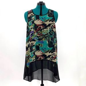 Red Coral Sheer Sleeveless High Low A-Line Tunic Length Top, Medium